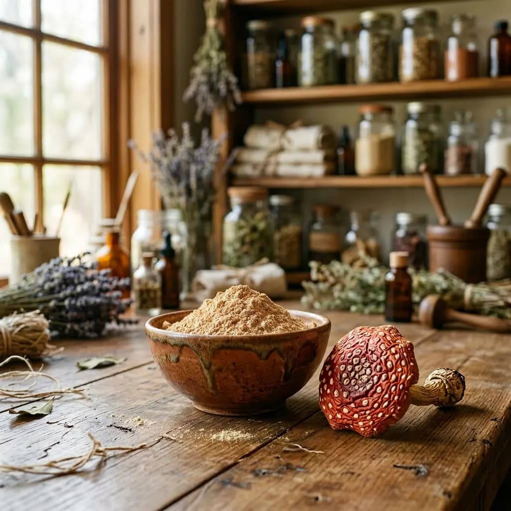 Holztisch mit einer Schale voll ockerfarbenen Pulver und einem getrockneten Fliegenpilz in einer Apotheke.