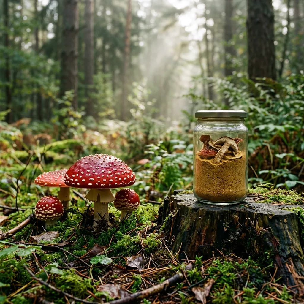Rote Fliegenpilze auf Moos neben einem Glas mit braunem Pulver auf einem Baumstumpf. 2
