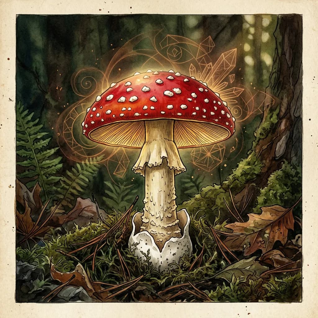 Roter Fliegenpilz mit weißen Punkten auf Moos und Laub mit goldfarbenen geometrischen Mustern.