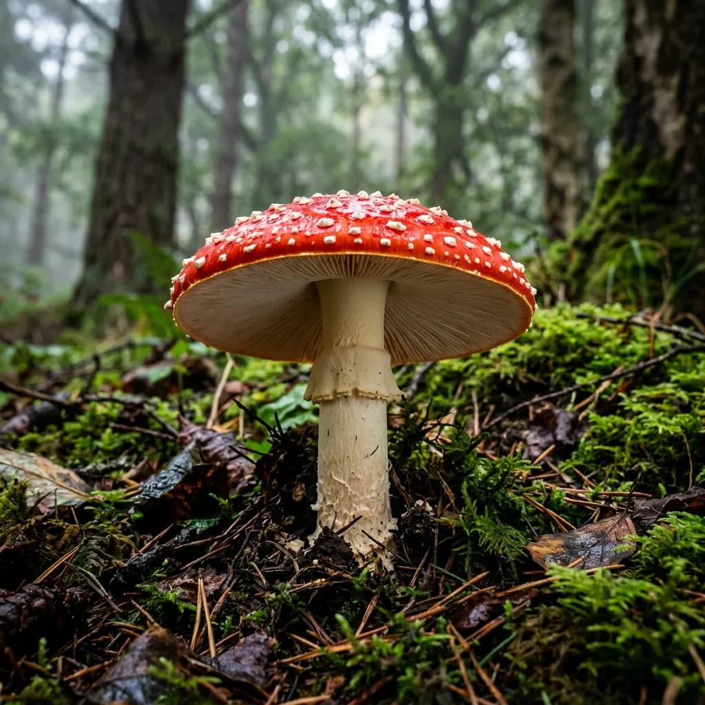 Fliegenpilz mit rotem Hut und weißen Punkten auf moosigem Waldboden zwischen Tannennadeln.