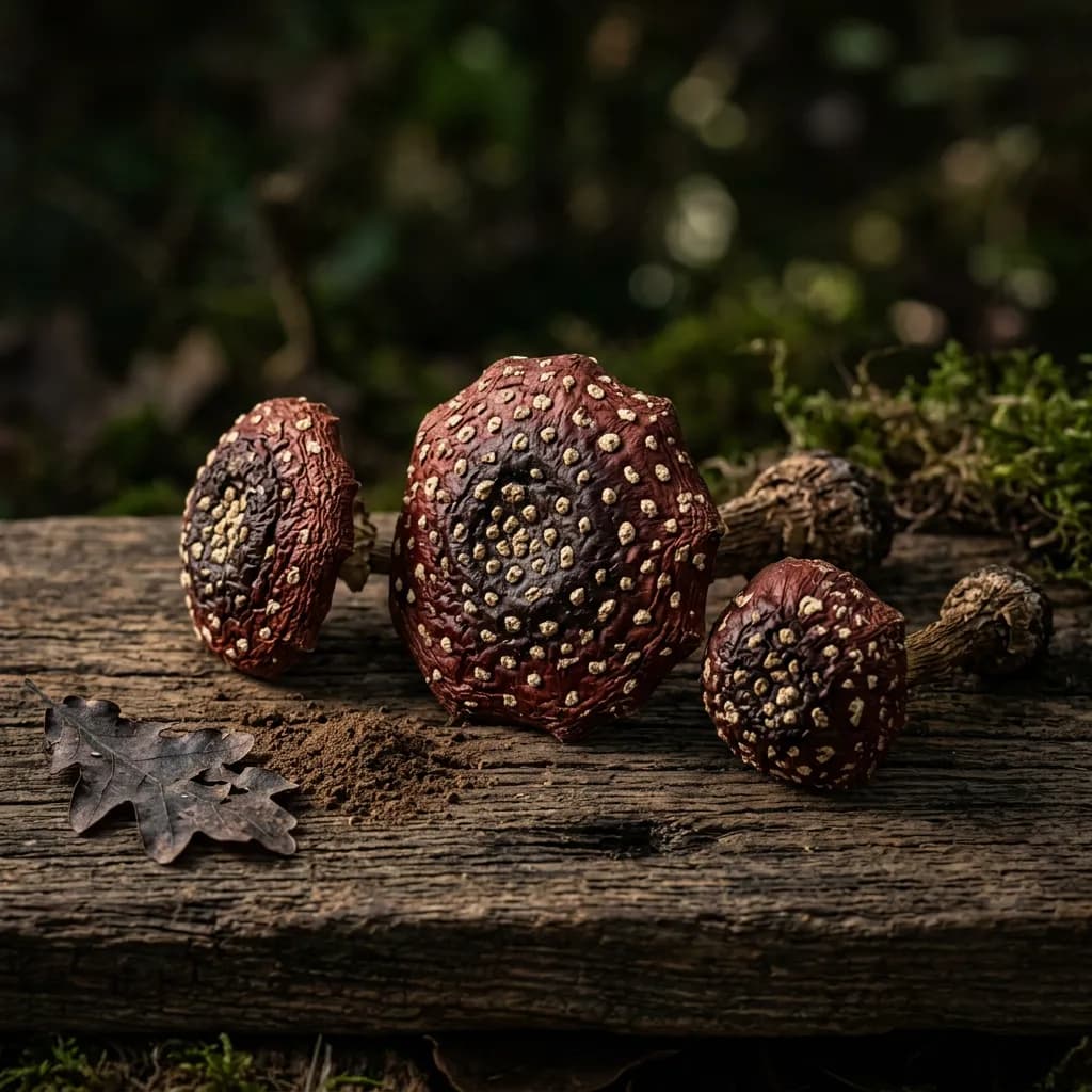 Getrocknete Fliegenpilze mit dunklen Hüten auf altem Holz neben einem Blatt und Staub.