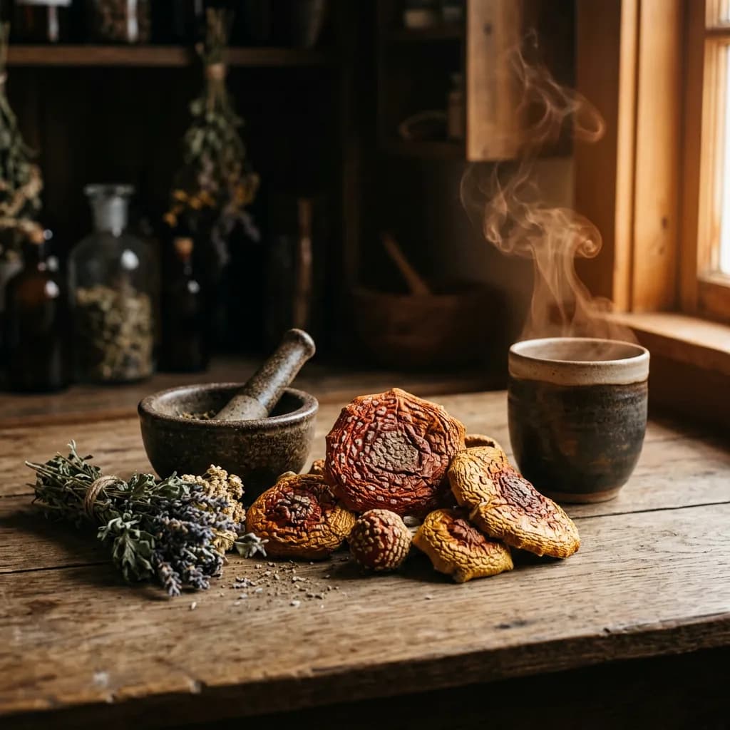Getrocknete Fliegenpilze, ein Mörser und ein Kräuterzweig neben einer dampfenden Tasse auf einem Holztisch.