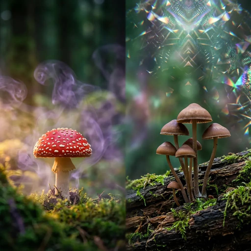 Fliegenpilz in nebligem Wald links, braune Pilze auf Moos mit geometrischen Lichtmustern rechts.