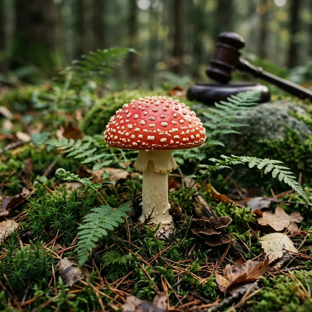 Roter Fliegenpilz mit weißen Punkten auf Moos neben einem hölzernen Richterhammer im Wald.